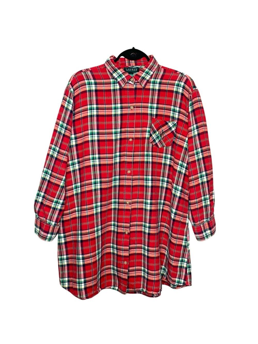 Ralph Lauren Red Flannel Plaid Shirt Button Up XL Embroidered Tunic Preppy Cabin